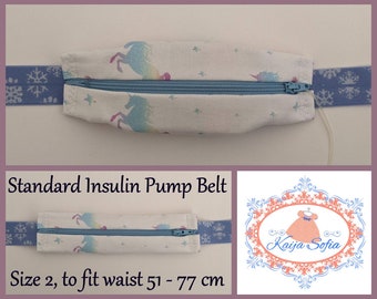 Pastel unicorns on white cotton insulin pump belt with blue and white snowflake elastic.  Size 2.