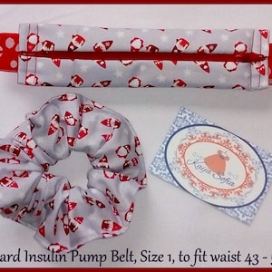 Christmas gnomes on grey insulin pump belt with matching scrunchie.  Size 1.