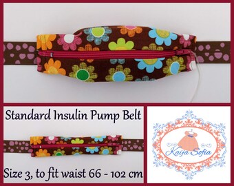 Bright retro flowers on brown insulin pump belt with brown and pink spotty elastic.  Size 3.