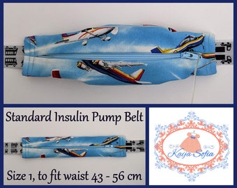 Aeroplanes on blue insulin pump belt with black and white vehicles elastic. Size 1 (age 2 - approximately age 9).