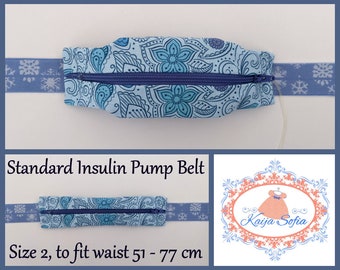 Blue paisley floral insulin pump belt with blue and white snowflake elastic.  Size 2.