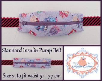 Owls on purple insulin pump belt with dark pink and black striped elastic.  Size 2.