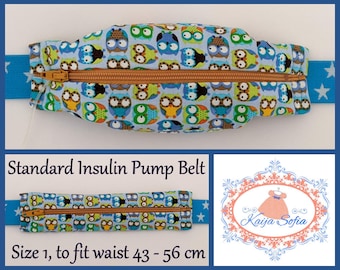 Mini owls on blue insulin pump belt with blue and white stars elastic. Size 1 (age 2 - approximately age 9).