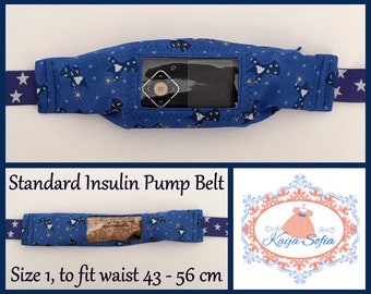 Wizards on blue insulin pump belt with window and blue and white star elastic. Size 1 (age 2 - approximately age 9).