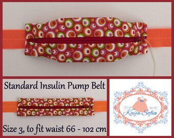 Orange retro spots insulin pump belt with plain bright orange elastic.  Size 3.
