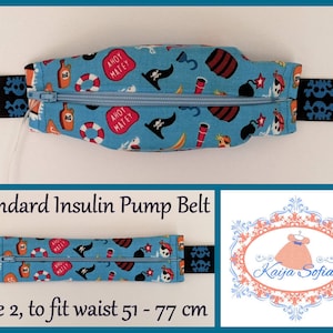 Pirate insulin pump belt with black and blue skulls elastic.  Size 2.