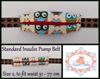 Bright owls on cream insulin pump belt with brown hedgehog elastic.  Size 2.