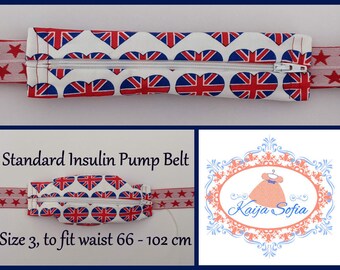 UK flag hearts on white insulin pump belt with red and white star elastic.  Size 3.