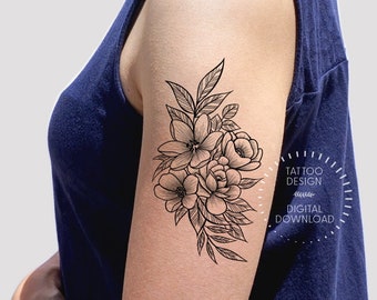 Flowers Tattoo Design/ Feminine Tattoo Design / Floral Flash Tattoo  /Line Art /Body Art Instant Download by Eastern Spring Co