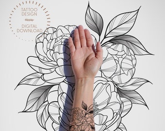 Beautiful Peonies Tattoo Design / Feminine Tattoo Ideas / Symbol of Love, Beauty & Honour / Flowers Flash Tattoo  /Line Art /Body Art