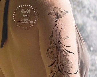 Fish & Flower Tattoo Design / Serenity Pond Tattoo Design / Feminine Tattoo / Black Ink / Art Print / Body Art / Printable Digital Download