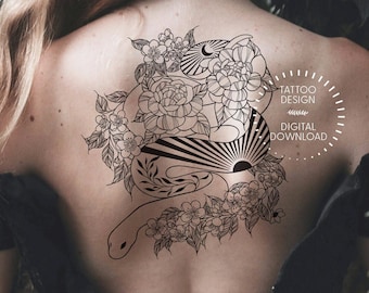 Snake & Roses Tattoo Design, Black Ink Printable (Digital Download)