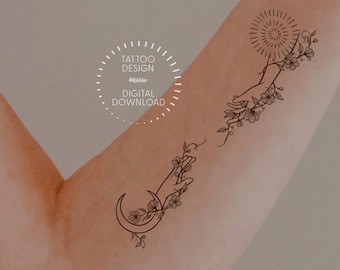 Sun and Moon Tattoo Design: Floral Couple/Friendship Tattoo (Instant Download)