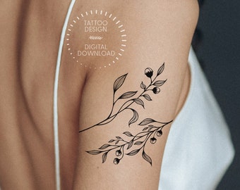 Flower Bud Wraparound Tattoo Design: Black Ink Line Art (Digital Download)