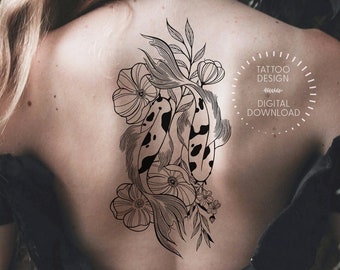 Koi Fishes Tattoo Design /Yin & Yang Tattoo / Symbol of Harmony / Fishes Tattoo Flash / Feminine Tattoo / Printable Art / Digital Download
