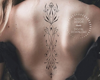 Botanical Spine Tattoo Design: Feminine Line Art Stencil (Digital Download)