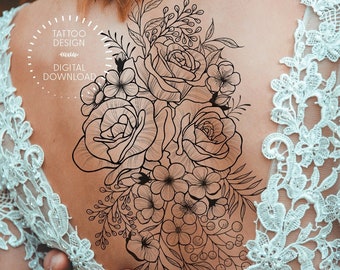 The Secret Garden Tattoo Design / Spring Tattoo Design / Flowers Garden Tattoo / Black Ink /  Printable Art / Wall art / Digital Download