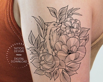 NEW - The Wolf & Flowers Tattoo Design / Wild Animal Tattoo / Black Ink / Botanical Tattoo/ Printable Art / Tattoo Stencil /Digital Download