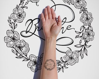 Breathe Lettering Tattoo / Wreath Flowers Motivational Tattoo / Black & White Tattoos / Black Ink / Line Art / Body Art / Digital Download