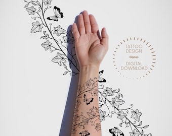 Life Transformation Ivy Vines Butterflies Wraparound Tattoo Design / Black & White Tattoo / Black Ink /Line Art /Body Art / Instant Download