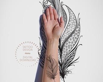 Floral Feather Feminine Tattoo Design / Oriental Flash Tattoo / Bird Tattoo / Line Art /Body Art Instant Download by Eastern Spring Co