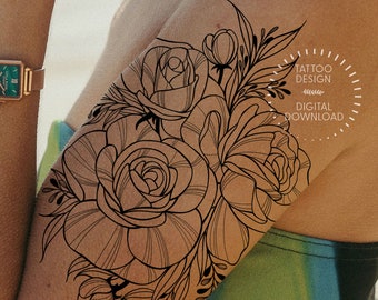 Roses Tattoo Design / Feminine Flowers Tattoo / Thigh, Arm, Back, Leg Tattoo / Roses Stencil / Black Ink /Printable Art /Digital Download 37