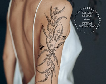 Golden Wattle & Bees Tattoo Design, Mimosa Floral Art (Digital Download)