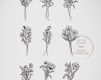 Floral Tattoo Stencil Designs: Feminine Line Art (Digital Download)