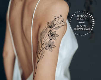 Blooming Wildflowers Tattoo Design / Feminine Tattoo Ideas / Flowers Flash Tattoo /Line Art /Body Art Instant Download by Eastern Spring Co