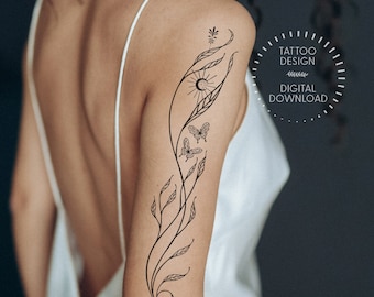 Butterflies & Crescent Tattoo Design/ Ornamental Tattoo/ Symbol Tattoo/Botanical Tattoo/ Instant Download/Printable art by Eastern Spring Co