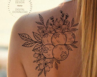 Blueberry Tattoo Design: Floral Summer Fruit (Digital Download)