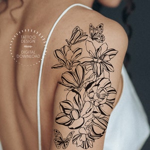 Magnolia Flowers and Butterflies Tattoo Design: Botanical Stencil (Digital Download)