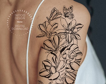 NEW - The Magnolia Flowers and Butterflies Tattoo Design / Flowers and Insect Tattoo Design / Feminine Botanical Tattoo / Digital Download