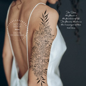 The Fountain of Life and The Messenger of Love Tattoo Design / Roses Bees Wraparound Tattoo / Feminine Tattoo / Black & White Tattoo