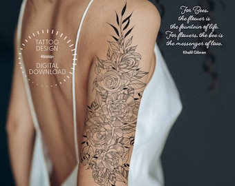Roses and Bees Wraparound Tattoo Design, Feminine Floral (Digital Download)