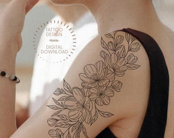 Spring Flowers Tattoo Design: Feminine Line Art Stencil (Digital Download)