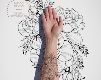 Roses Tattoo Design: Feminine Floral Tattoo Stencil (Digital Print)