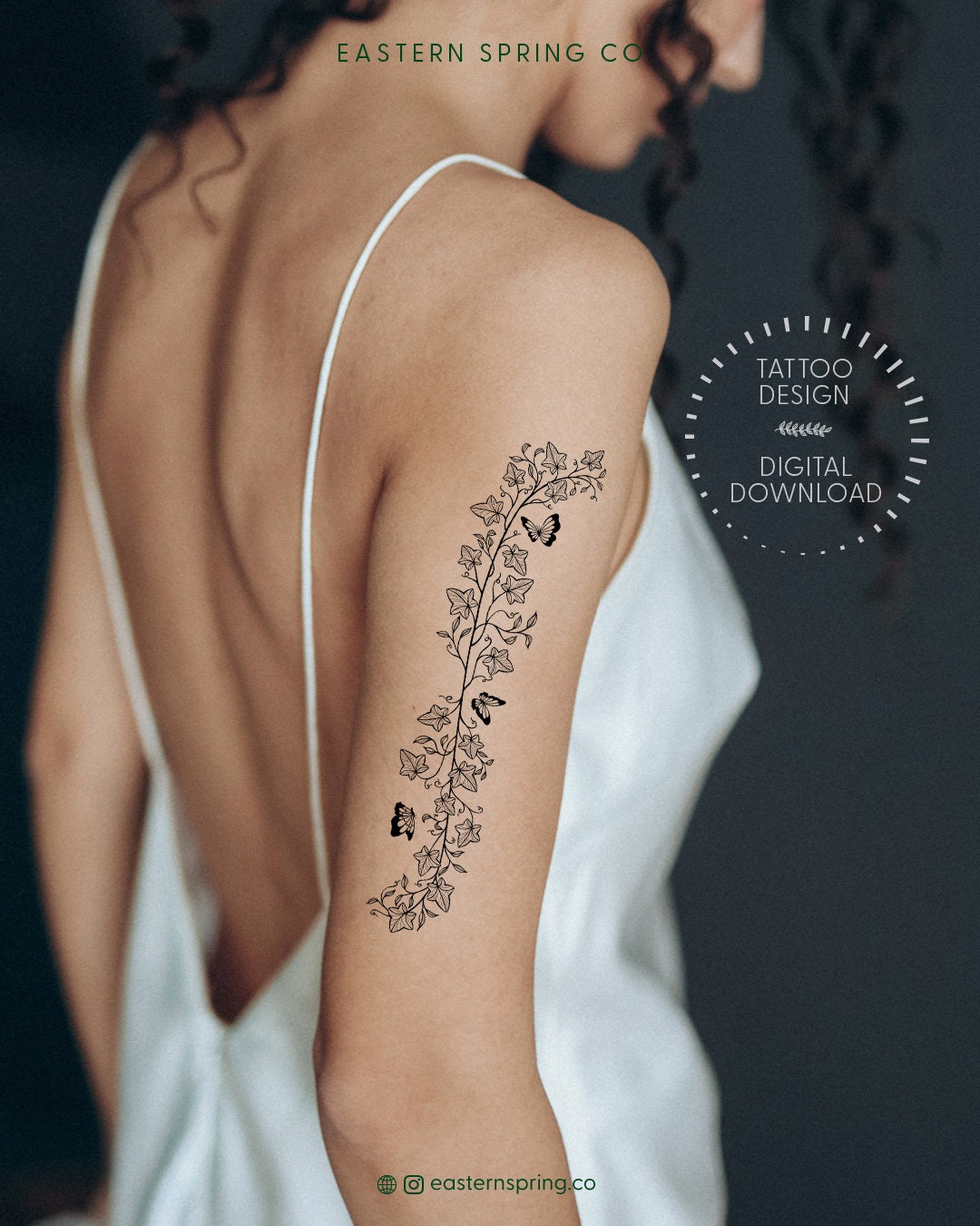 ツタと蝶のラップアラウンドタトゥーデザイン（デジタルダウンロード