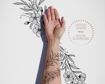 Blooming Flowers Wraparound Tattoos Design / Feminine Tattoo Design / Line Art / Black Ink / Tattoo Stencil / Body Art / Digital download