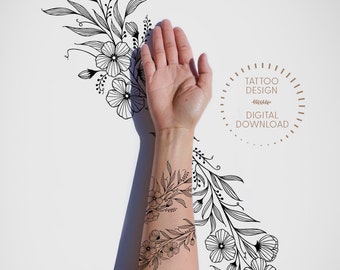 Blooming Flowers Wraparound Tattoo Design: Feminine Line Art (Digital Download)