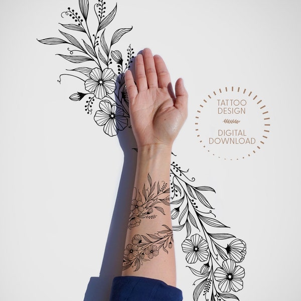 Blooming Flowers Wraparound Tattoos Design / Conception de tatouage féminin / Line Art / Encre noire / Pochoir de tatouage / Body Art / Téléchargement numérique