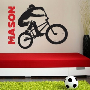 Bicycle Rider wall decal,kids BMX  Vinyl Sticker Decal motocross bike boys room name Vinyl Sticker