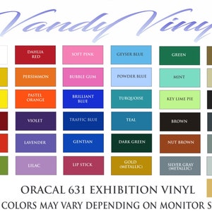 Może przedstawiać: Tabela z 36 wzorami kolor&oacute;w z nazwami dla każdego koloru. Tabela jest oznaczona jako "Oracal 631 Exhibition Vinyl" i "Rzeczywiste kolory mogą się r&oacute;żnić w zależności od ustawień monitora".