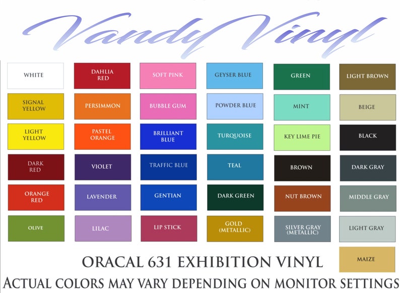 Może przedstawiać: Tabela z 36 wzorami kolor&oacute;w z nazwami dla każdego koloru. Tabela jest oznaczona jako "Oracal 631 Exhibition Vinyl" i "Rzeczywiste kolory mogą się r&oacute;żnić w zależności od ustawień monitora".
