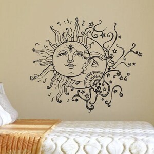 Autocollant mural soleil lune croissant double étoiles ethniques nuit symbole soleil vinyle autocollant décalcomanies Art décor à la maison murale mode chambre