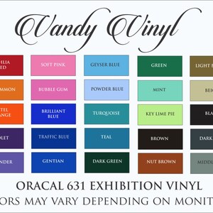 May include: A color chart showing 36 different vinyl colors from Oracal 631 Exhibition Vinyl. The colors are arranged in a grid of four rows and nine columns. The colors include white, red, pink, blue, green, brown, gray, yellow, orange, black, and gold.