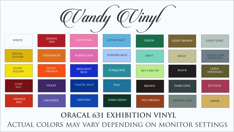 May include: A color chart showing 36 different vinyl colors from Oracal 631 Exhibition Vinyl. The colors are arranged in a grid of four rows and nine columns. The colors include white, red, pink, blue, green, brown, gray, yellow, orange, black, and gold.