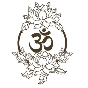May include: A black and white line drawing of the Om symbol surrounded by a circle and stylized flowers.