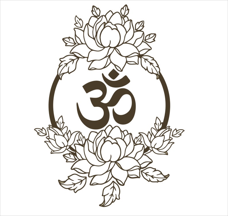 May include: A black and white line drawing of the Om symbol surrounded by a circle and stylized flowers.