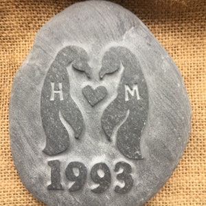Personalised Hand carved penguin stone, the perfect engagement, Wedding or Anniversary gift, penguins pebble keepsake